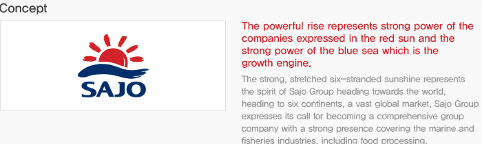 The CI expresses SAJO Group’s combined power symbolized by a red sun having a powerful presence over the blue sea, which has been our source of growth over the years.  The six powerful sunrays symbolize SAJO’s advancement into the six continents  eholding vast global markets. It expresses SAJO Group’s drive to march into the bigger world. The CI expresses SAJO Group’s mission to advance from a leader of the maritime and fisheries industries into a global leader involved in all fields of food processing and distribution.