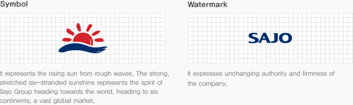 The logo expresses the sun powerfully presiding over turbulent waves. The six rays represent the six continents that comprise vast global markets and symbolize SAJO Group’s will to march into the bigger world. / The watermark expresses SAJO Group’s everlasting prestige and reliability.